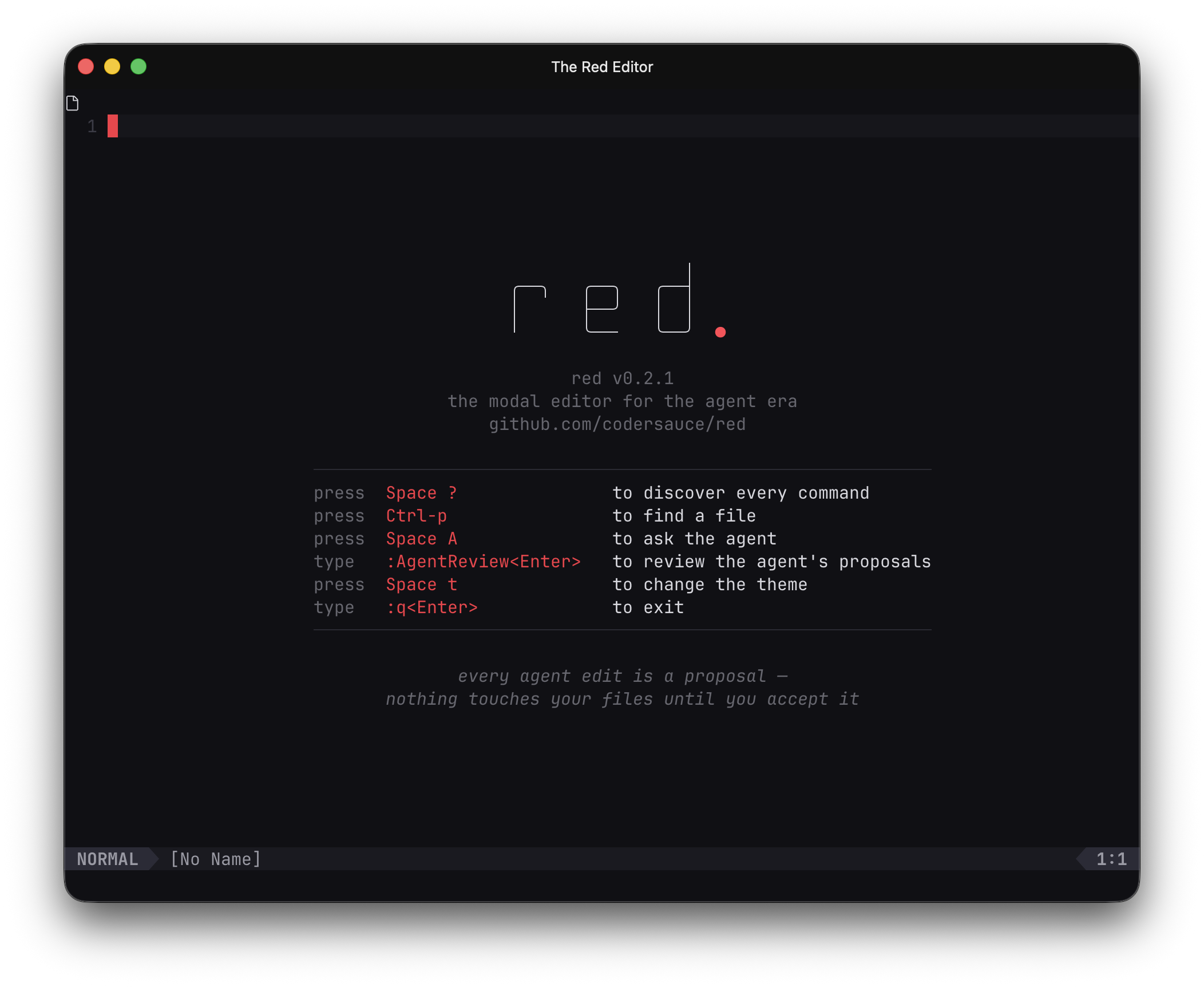 Red welcome screen with command shortcuts